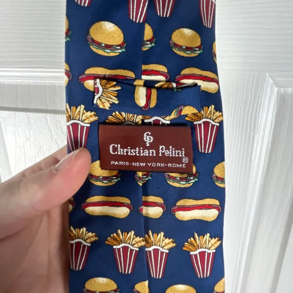 Christian Pelini Novelty Silk Tie Hamburgers Hot Dogs Fries Print Mens